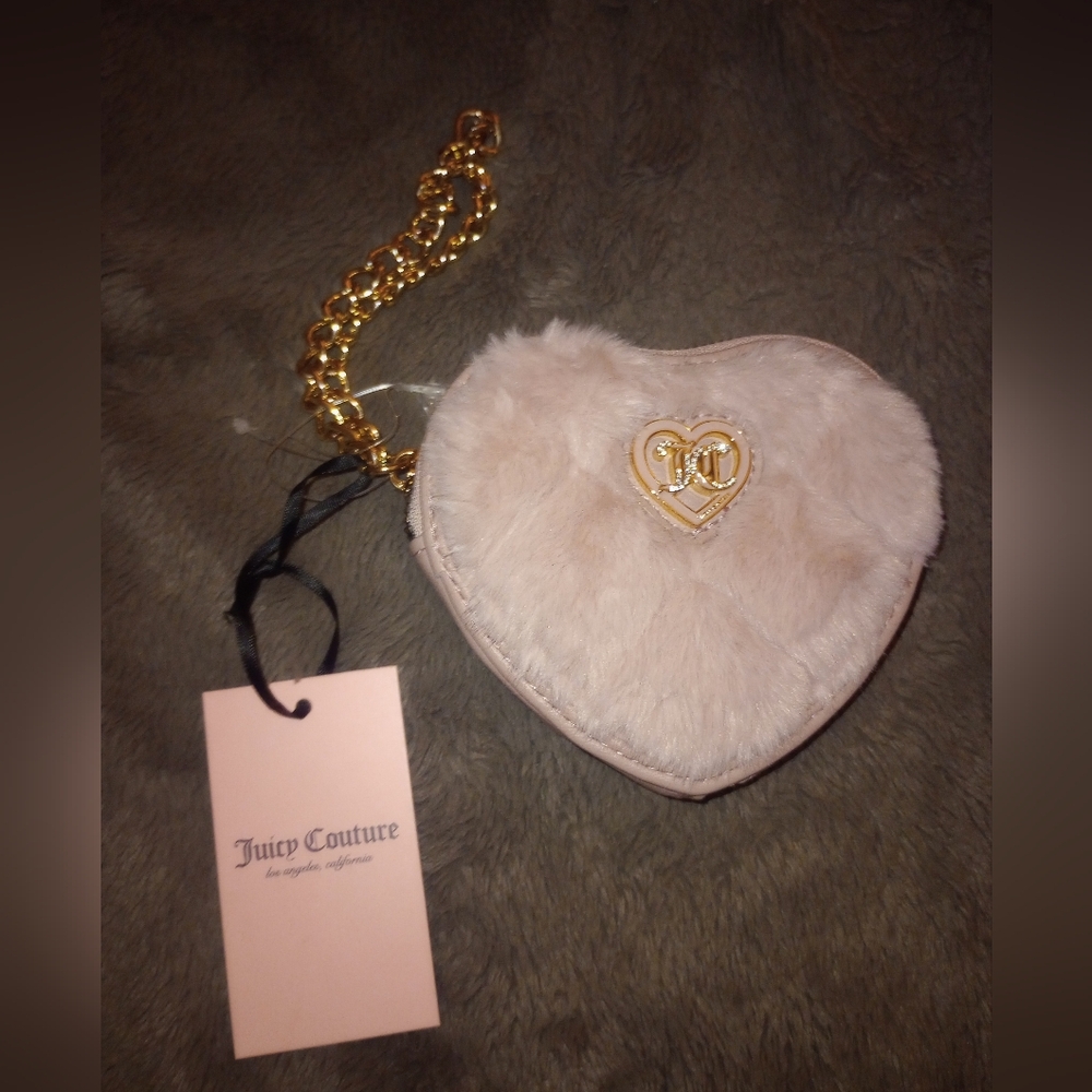 Juicy Couture Pink Faux Fur Heart Wristlet with Gold Chain